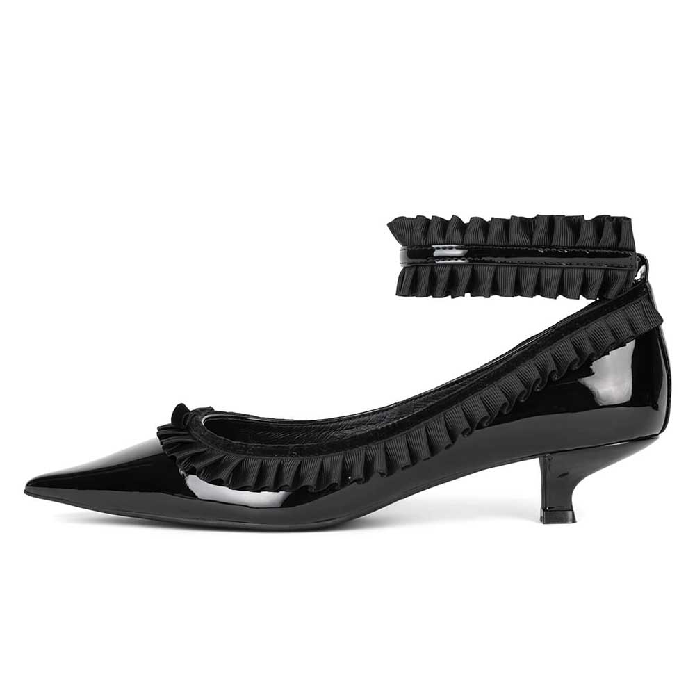 Black Pointed Toe Kitten Heel Ankle Strap Ruffle Trim Pumps Nicepairs