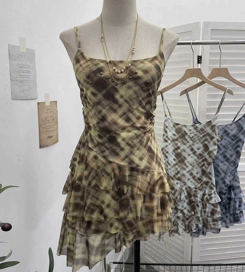 Nigikala Nigikala Shooting Mesh Yarn Irregular Rivet Vest Dress Women 2025 Summer Dress New Lotus Edge Sleeveless Top 1273