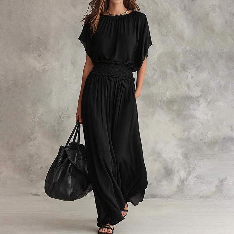 Elegant Solid Color Round Neck Short Sleeve Flowy Maxi Dress elevenforest