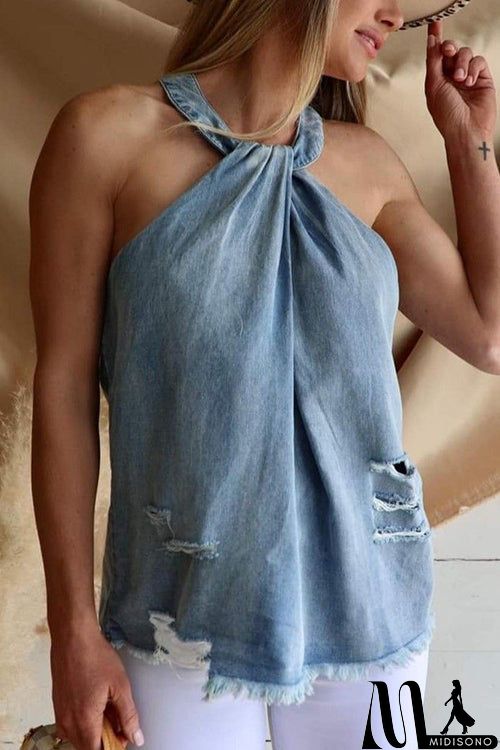 MidiSono - Ripped Raw Edge Halter Neck Top