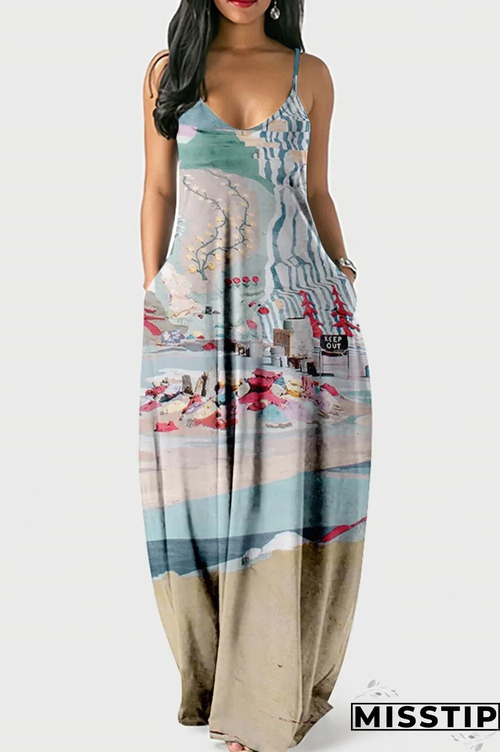 Dark Blue Casual Print Patchwork Spaghetti Strap Sling Dress Dresses