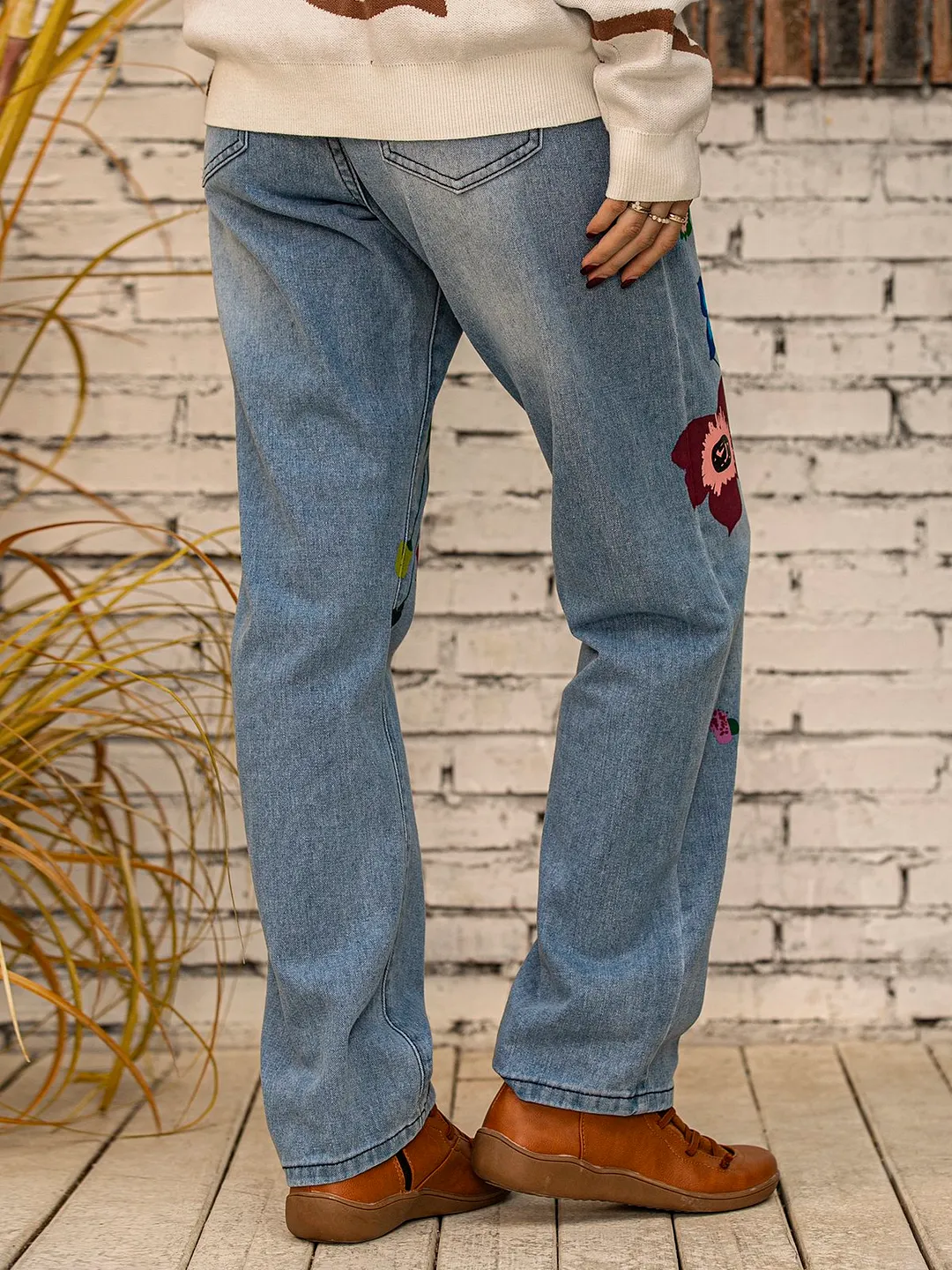 All Season Denim Floral Casual Jeans