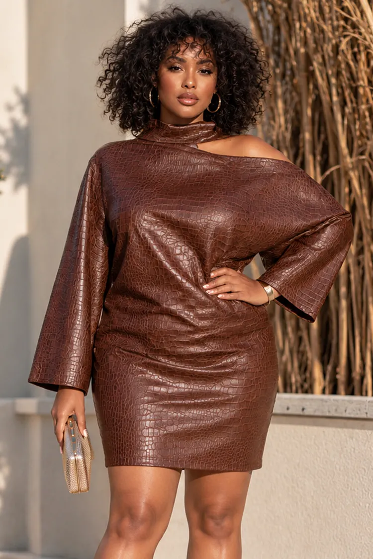 Xpluswear Design Plus Size Party Brown Stand-Up Collar Long Sleeve Bodycon Cut Out PU Leather Mini Dresses [Pre-Order] 2024 - Xpluswear