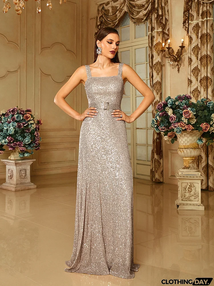 Cold Shoulder Belt A-line Sequin Apricot Prom Dress RM20669