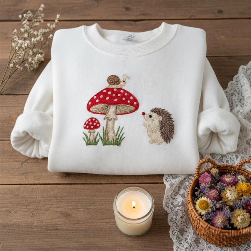 Embroidered Hedgehog Snail Mushroom Sweatshirt wearshes