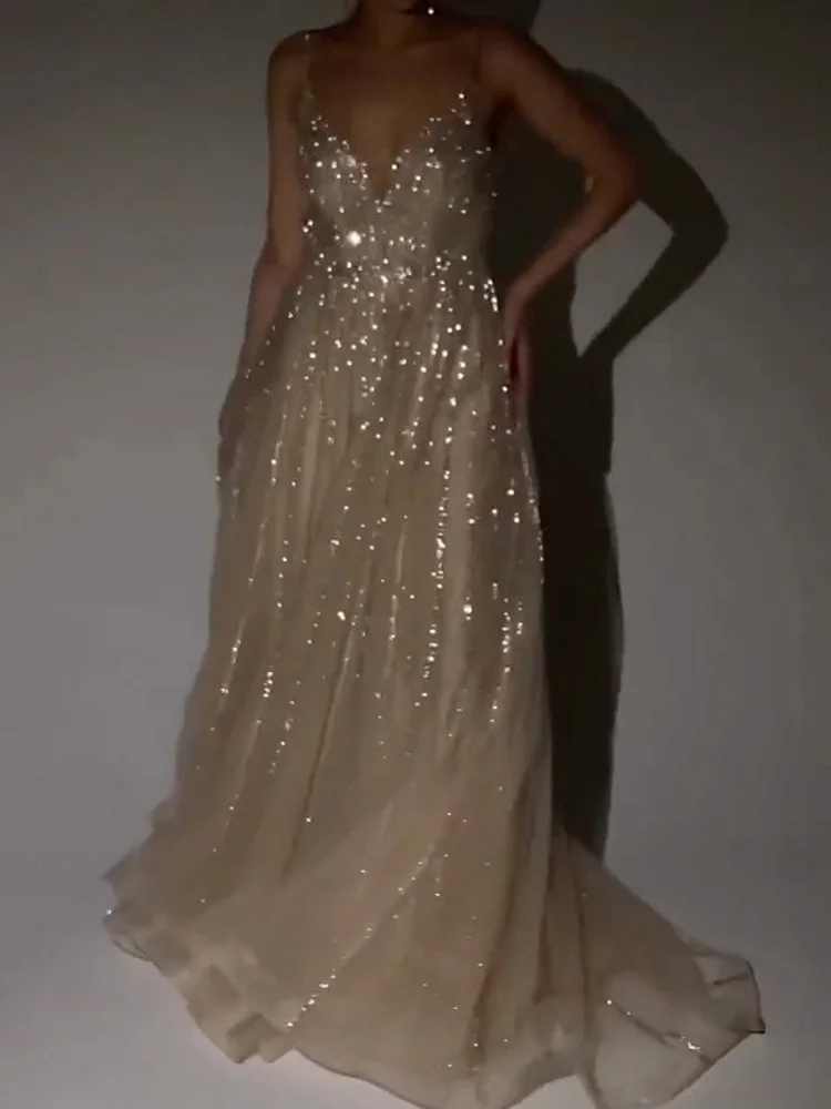Sleeveless Spaghetti-Neck Shiny Sequinned Mesh Maxi Dresses Party Dresses