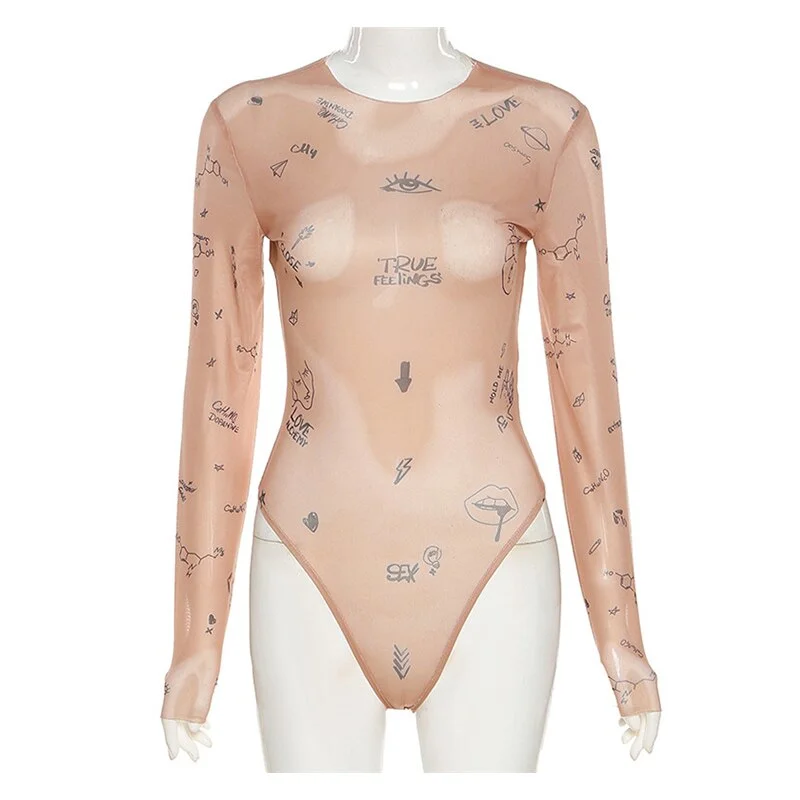 tight-fitting one-piece Top Women Long-Sleeved Bodysuits O-Neck Basic Party Wear Print Summer Wild Slim Bodysuits