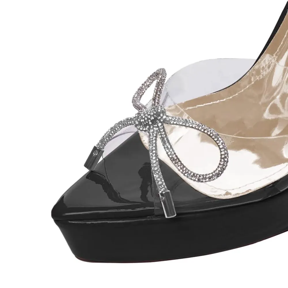 Ankle Strap Stiletto Heel Rhinestone Bow Black Platform Sandals