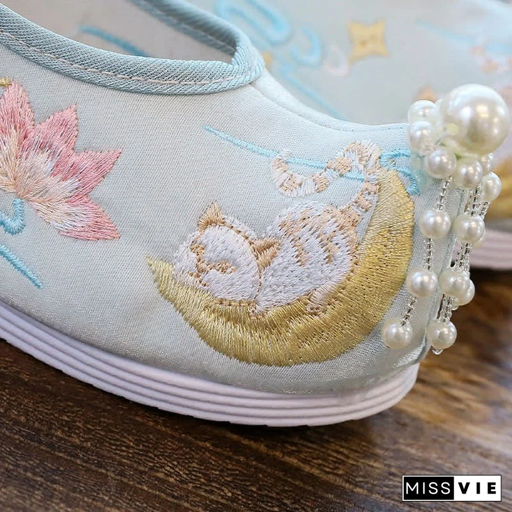 Vintage Lotus Moon Embroidery Pearl Lace Up Flats Shoes