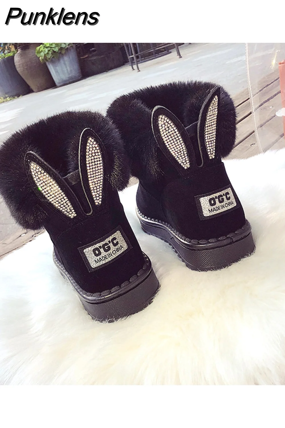 Punklens Boots for Women Women Boots Genuine Leather Real Fox Fur Brand Winter Shoes Warm Black Round Toe Casual Female Snow Boots