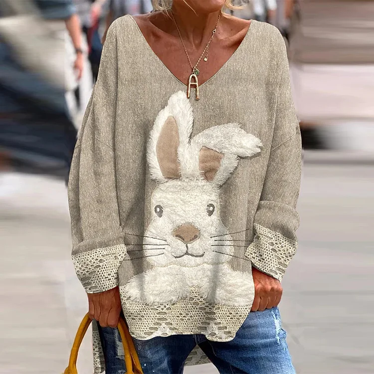 Women's Easter Bunny Print Casual V-Neck Loose T-Shirt