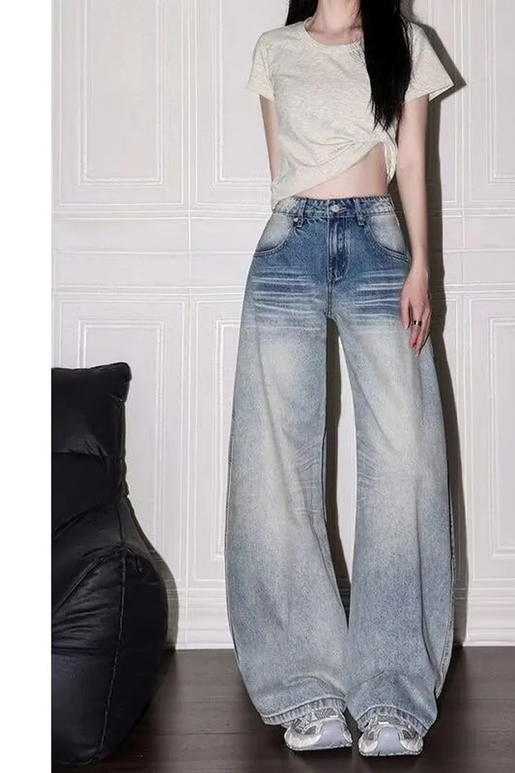 Distressed Denim Skirt with Whisker Wash Relaxed Fit
