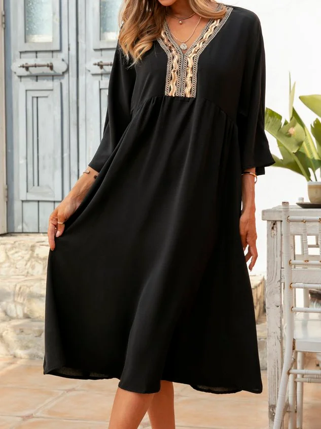 Appliqued Casual A-Line 3/4 Sleeve Weaving Dress