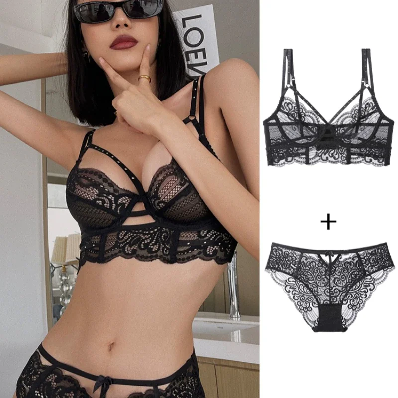 Billionm Ultra-thin Lace Lingerie Sexy Women Hollow Bra Set Summer Breathable Widen Bralette Black Classic Bandage Underwear