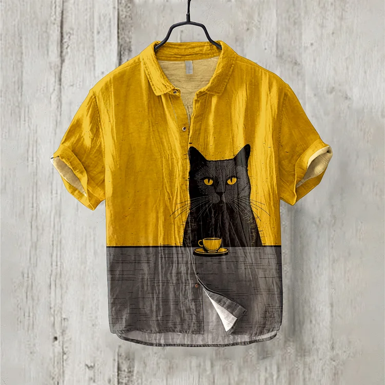 Retro Contrast Color Black Cat Coffee Linen Blend Shirt