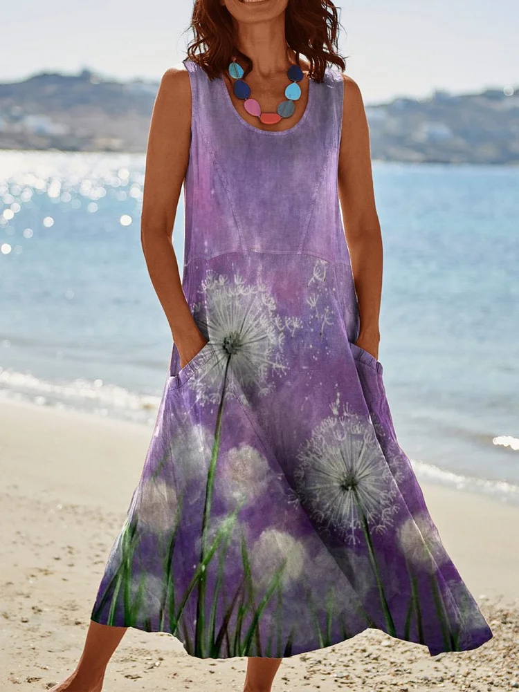 Women's Flowers Dandelion Watercolor Pocket Pinafore Linen Dress