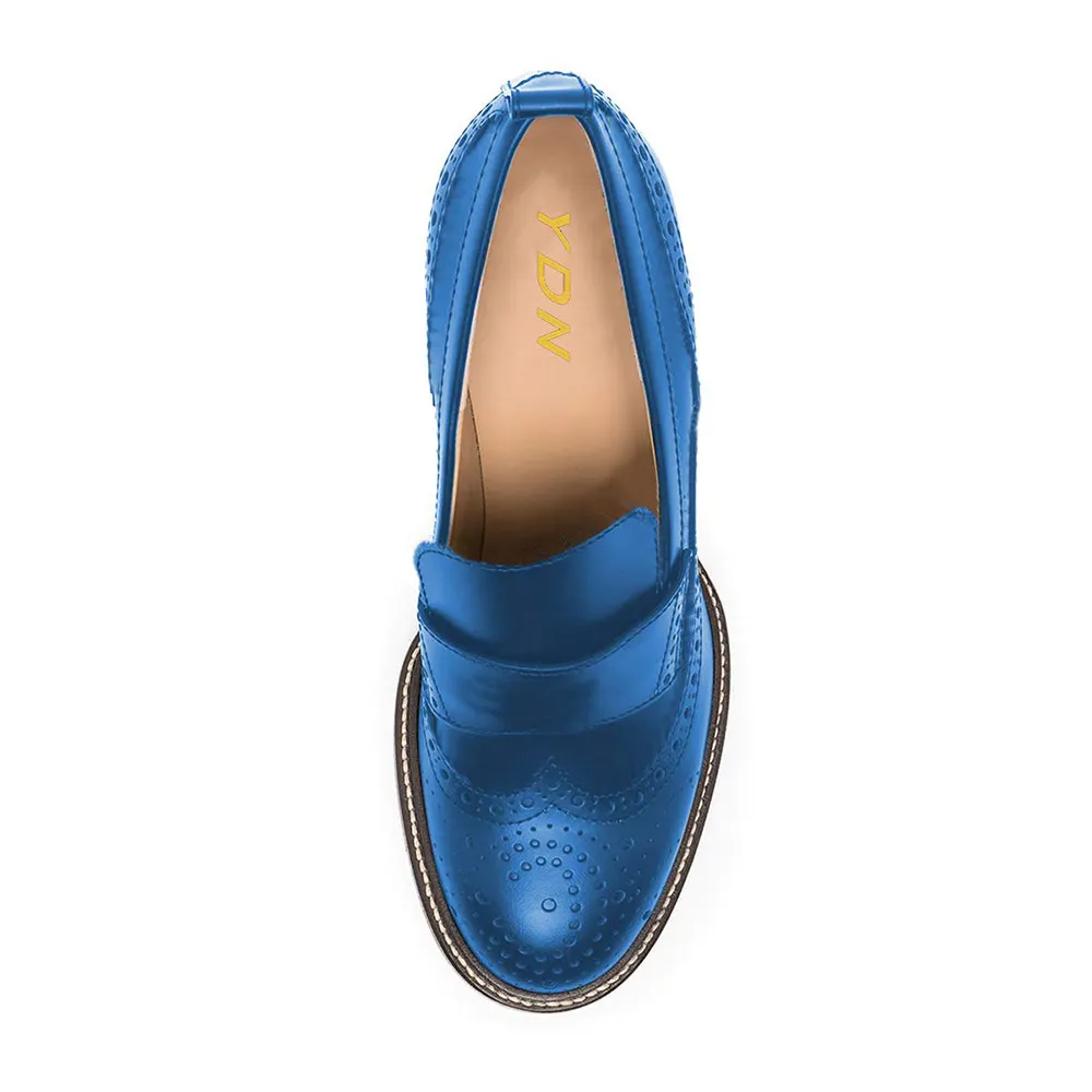 YDN Blue Round Toe Perforated Chunky Heel Loafer Shoes Women