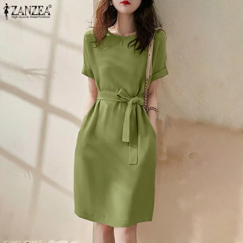 Women's Summer Sundress Belted ZANZEA 2022 Elegant Solid Dress Short Sleeve Knee Length Vestidos Female Basic Robe Oversized