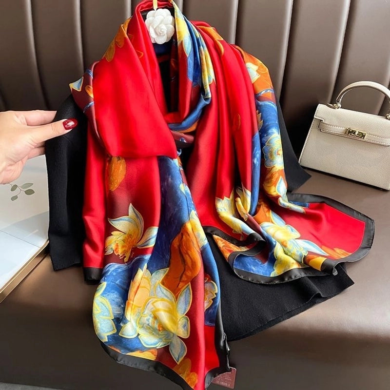 Women’s Fashion Letter Plaid Satin Printing Silk Scarves