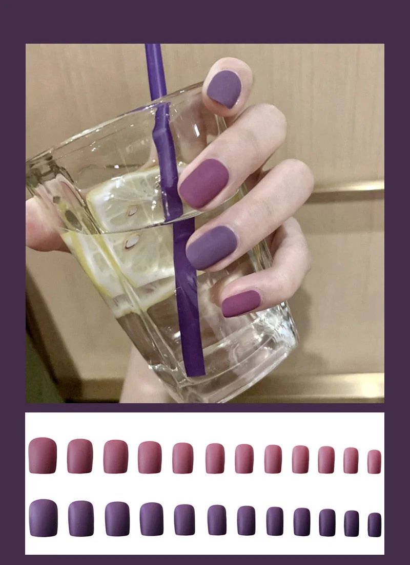 24pcs Dark Coffee Fake Nails Orange And Yellow Two-tone Matte Polish False Nail Patch Round Ballet Nail Tips Glue Wear Manicure-Nail Inspo