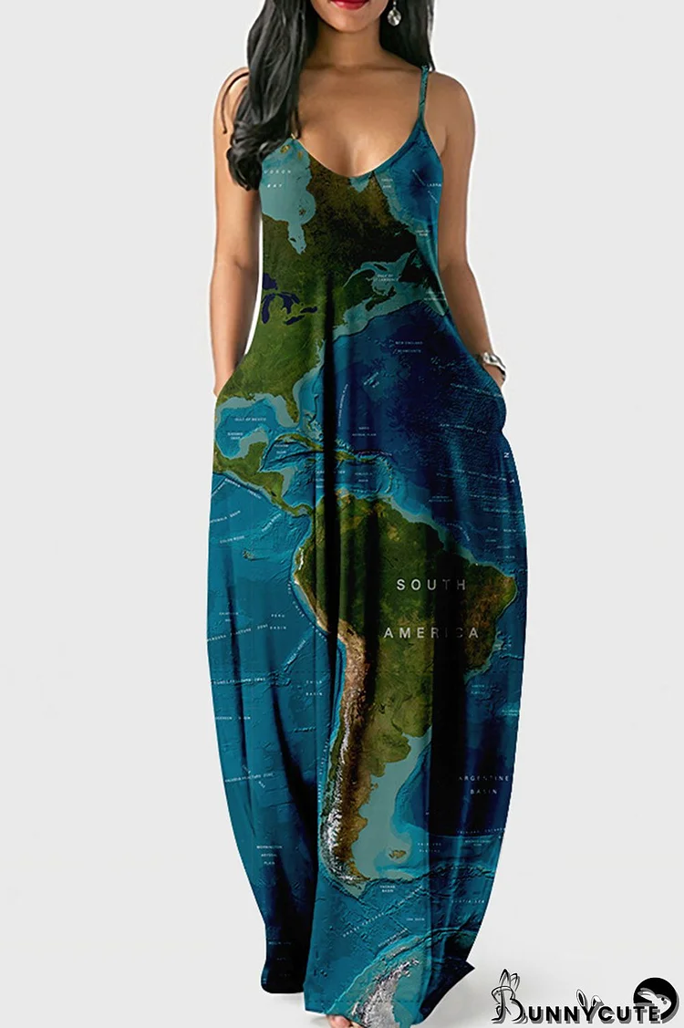 Tibetan Blue Fashion Sexy Print Backless Spaghetti Strap Long Dress