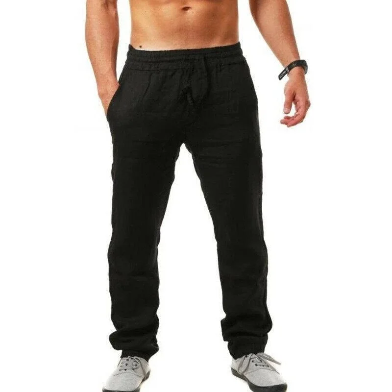 Men's Cotton Linen Pants Casual Breathable Comfort Solid Linen Trousers Summer Fitness Elastic Waist Loose Male Streetwear Pants