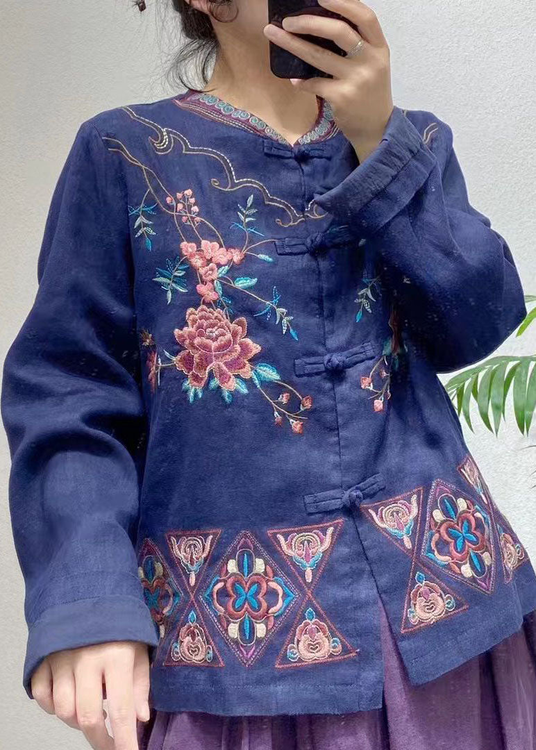 VCSHOES Blue Embroideried Oriental Button Linen Chinese Coats Spring