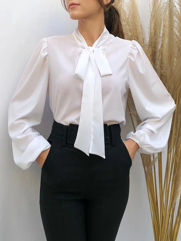 White lace-up satin long-sleeved top