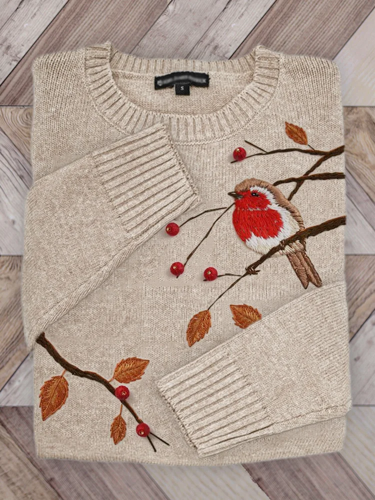 Winter Bird On Berry Branch Embroidered Cozy Sweater