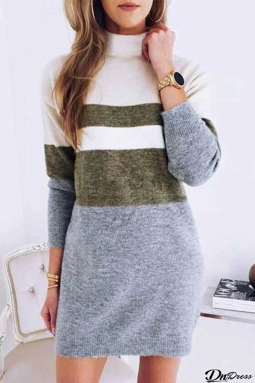 Fuzzy Color Block High Collar Mini Dress