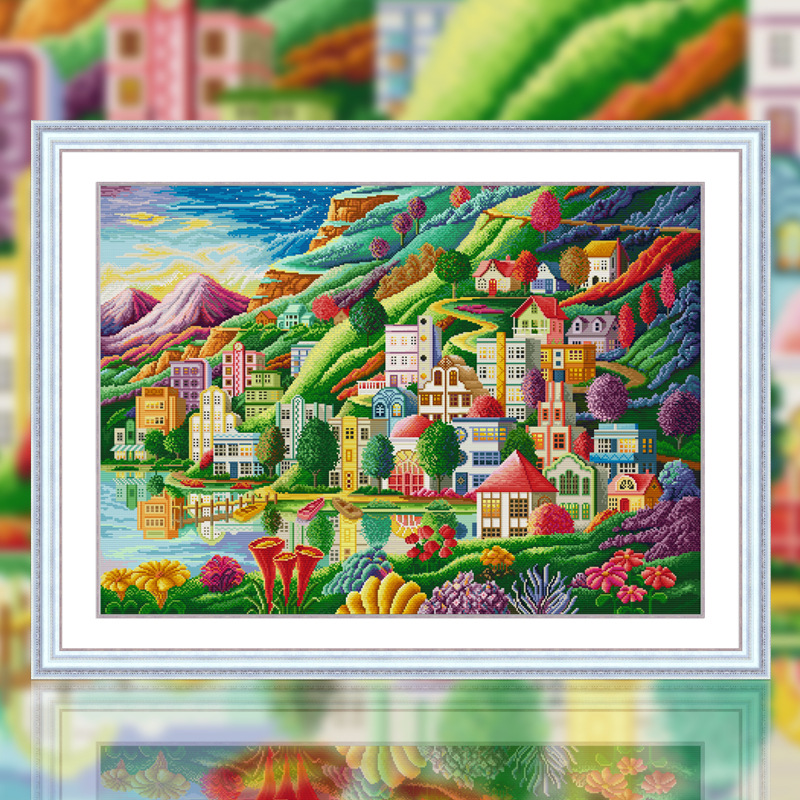 Rainbow Town at the Foot of the Mountain 11ct Pre-stamped Canvas(101*75cm) 90 Colors Cross Stitch