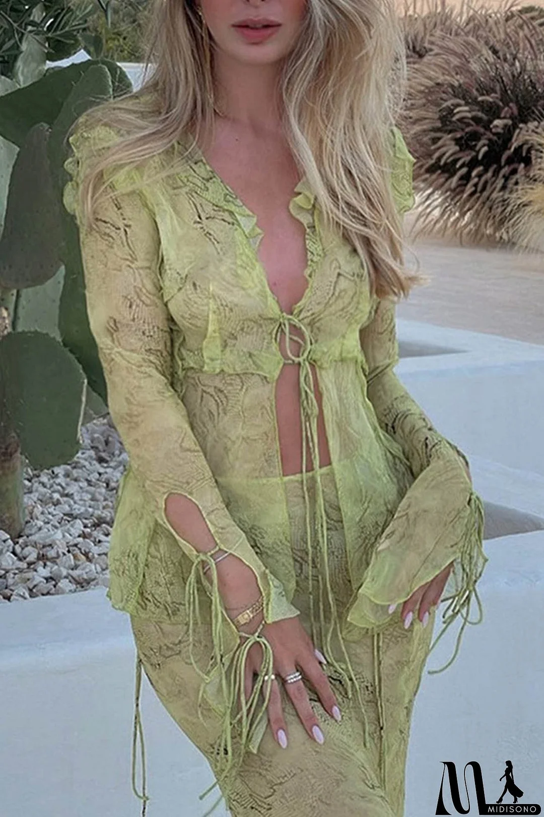 MidiSono - Mesh Printed Strappy Cardigan Skirt Suits