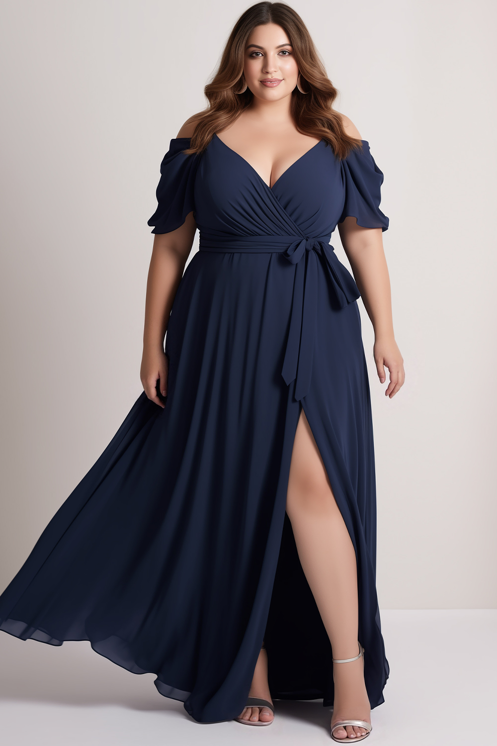 Flycurvy Plus Size Wedding Guest Navy Blue Chiffon Wrap Cold Shoulder Slit Maxi Dress 2024 - Flycurvy 