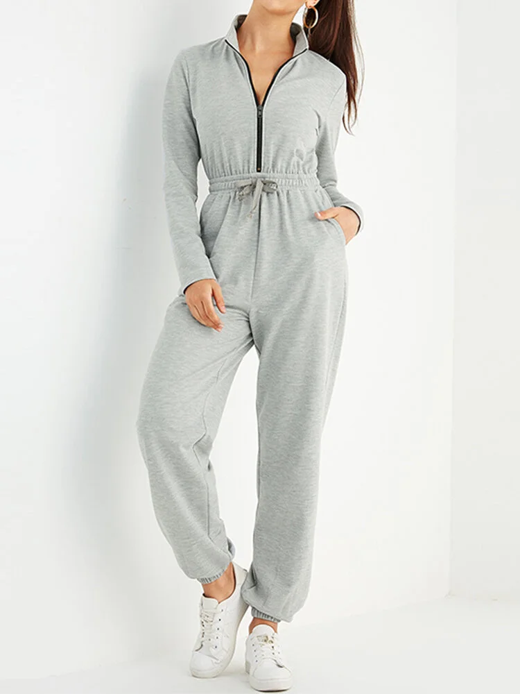 Solid Color Zipper Drawstring Pocket Long Sleeve Casual Jumpsuit for Women