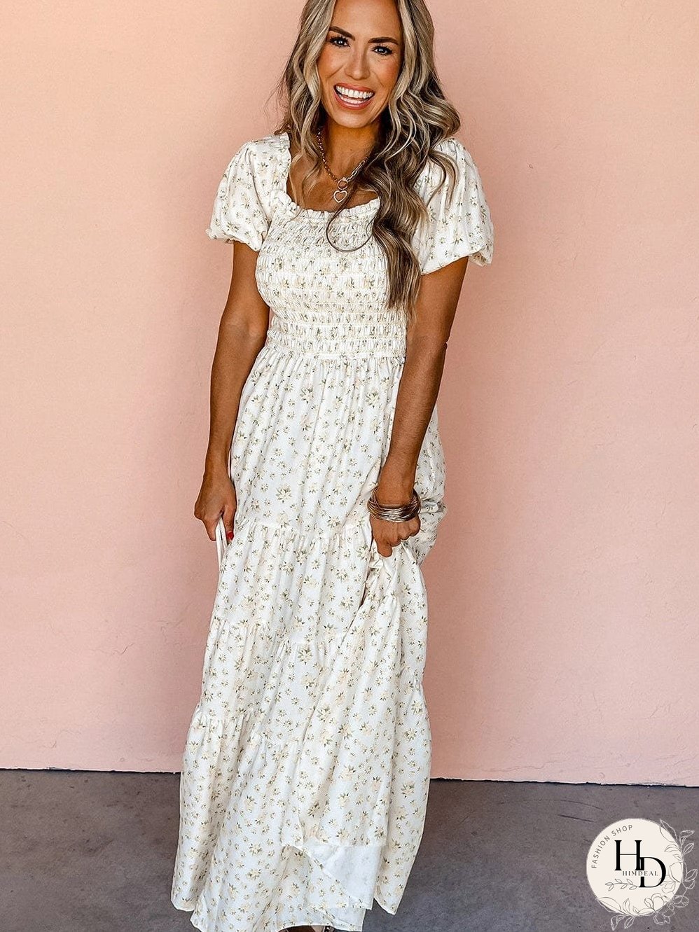 Floral Tiered White Maxi Dress with Shirred Bodice