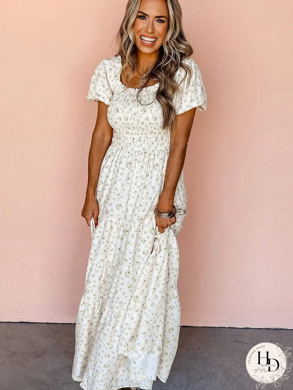 Floral Tiered White Maxi Dress with Shirred Bodice