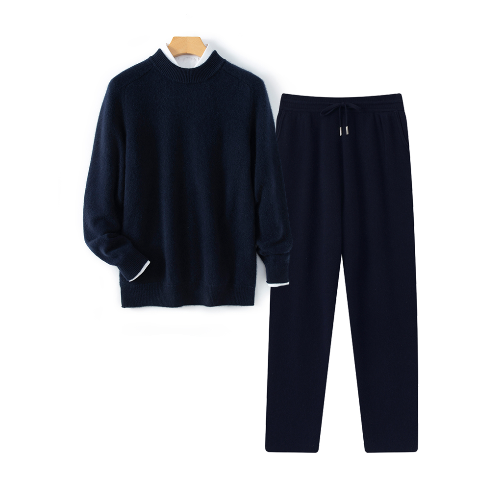 Men's Navy Blue Crew-Neck Cashmere Sweater and Pants Set | Modern Minimalist REAL SILK LIFE