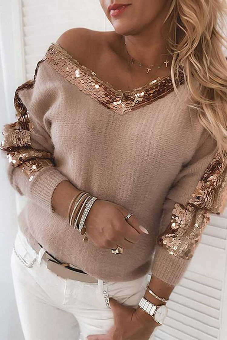 V-Neck Sequined Long Sleeve Sweater