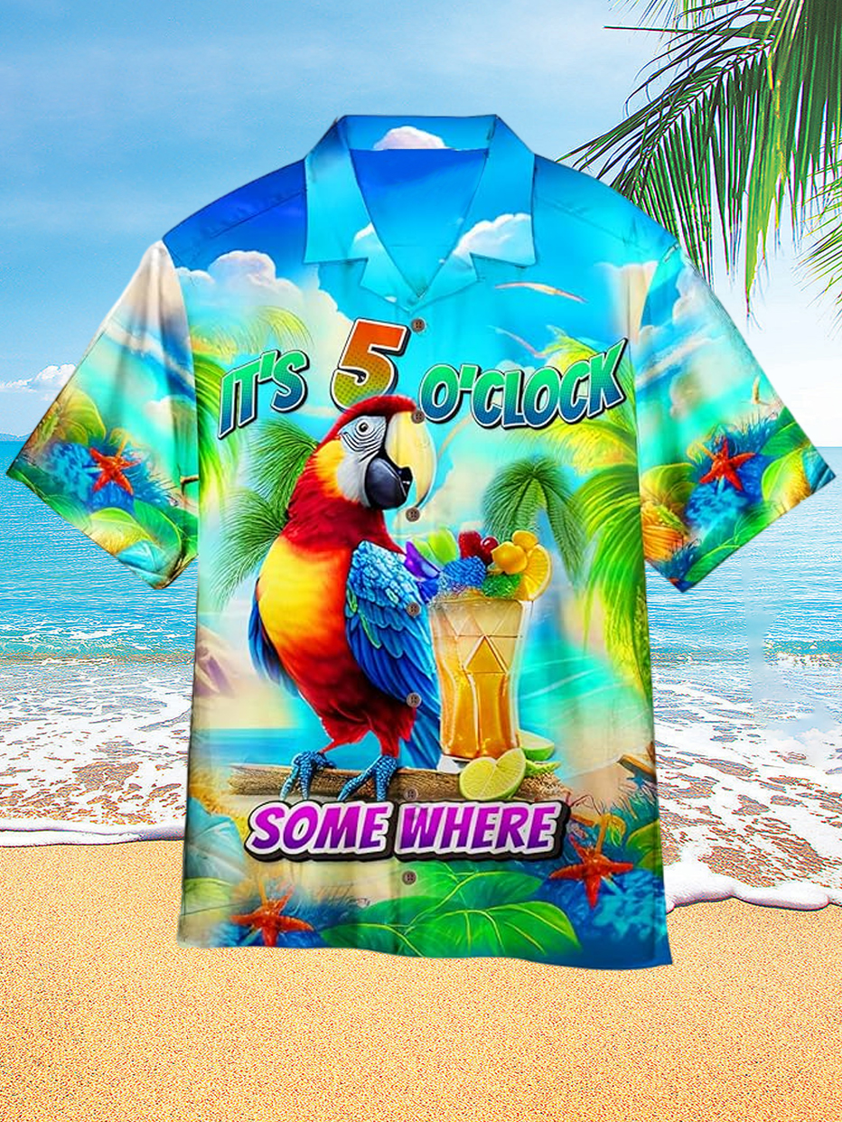 Men's Hawaiian Parrot Party Print Short Sleeve Shirt PLUSCLOTHESMAN