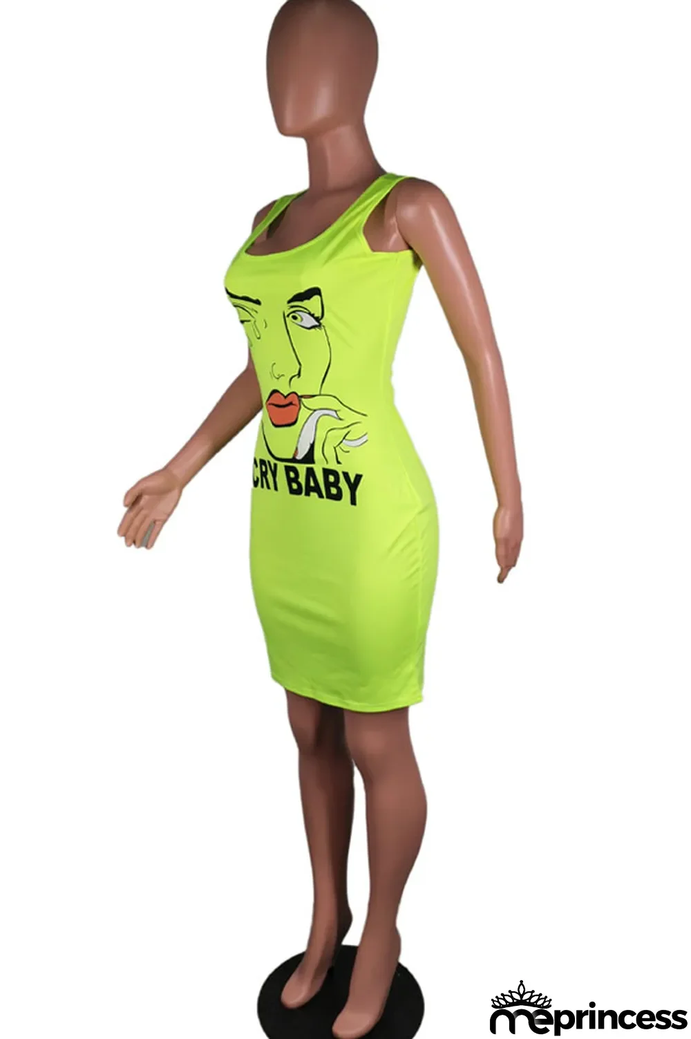 Pink Polyester Sexy White Green Pink Yellow Spaghetti Strap Sleeveless Slip Sheath Knee-Length Print Dresses