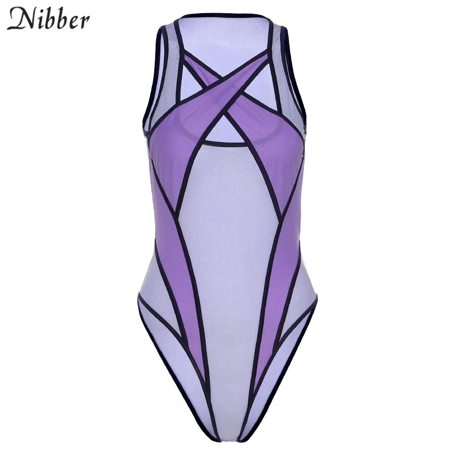NIBBER Beach Sexy Sling Bodysuit Womens See through Club Party Wear Sleeveless Patchwork Bodysuits 2021 Summer Female Jumpsuit