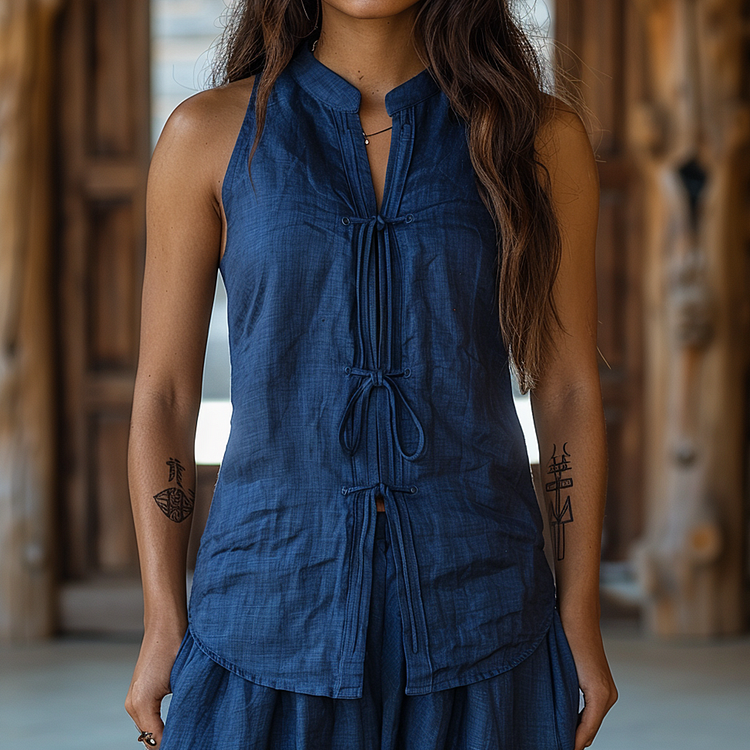 Retro Casual Linen Sleeveless Stand Collar Shirt T-shirt Chinese Style Sleeveless Shirt