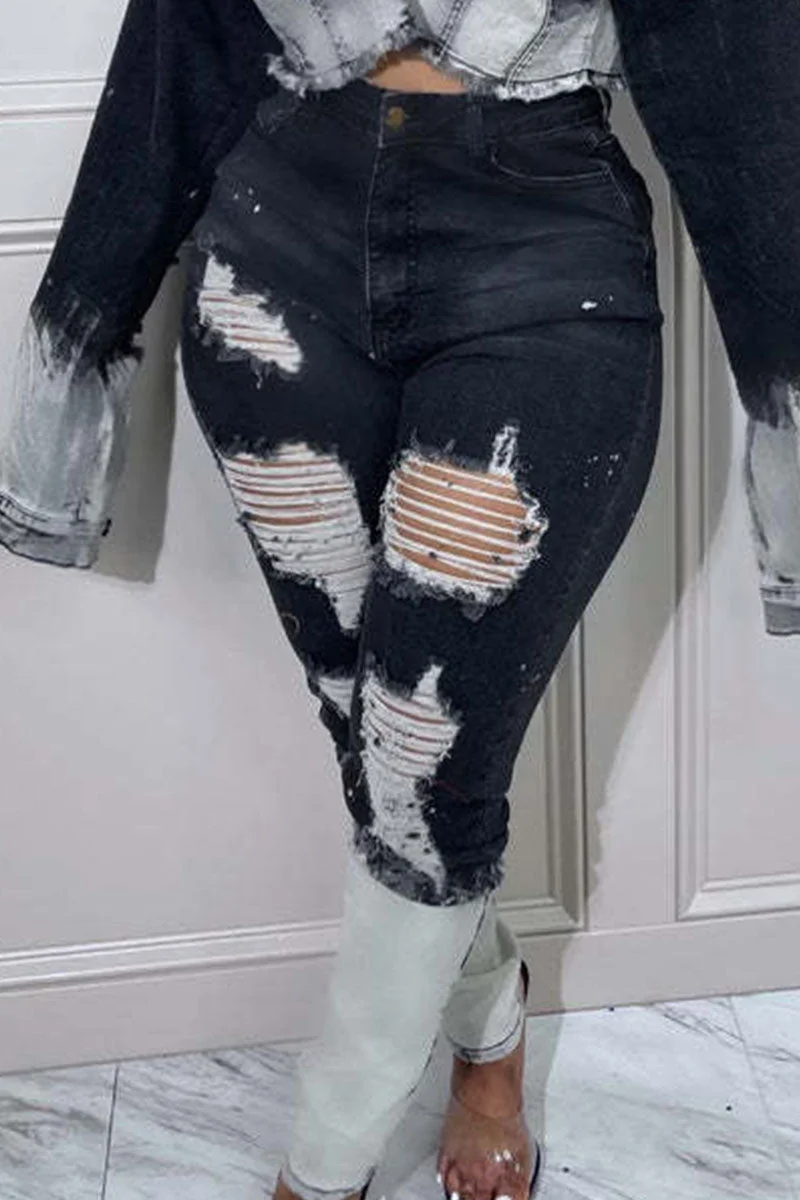 Casual Street Print Ripped Patchwork High Waist Denim Jeans