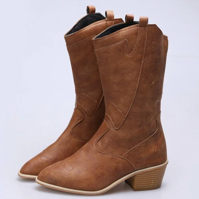 Women's Casual Solid Color Round Toe Mid Heel Mid-barrel Boots
