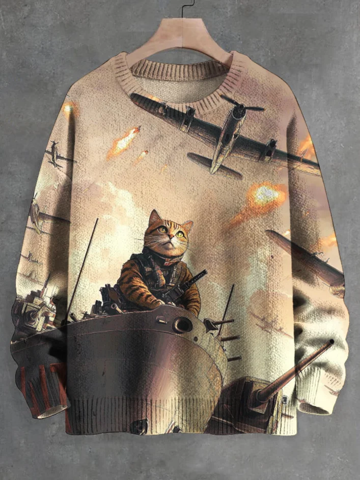 Men's Vintage Pilot Cat At War Intercepter Fighter Print Knit Sweatshirt