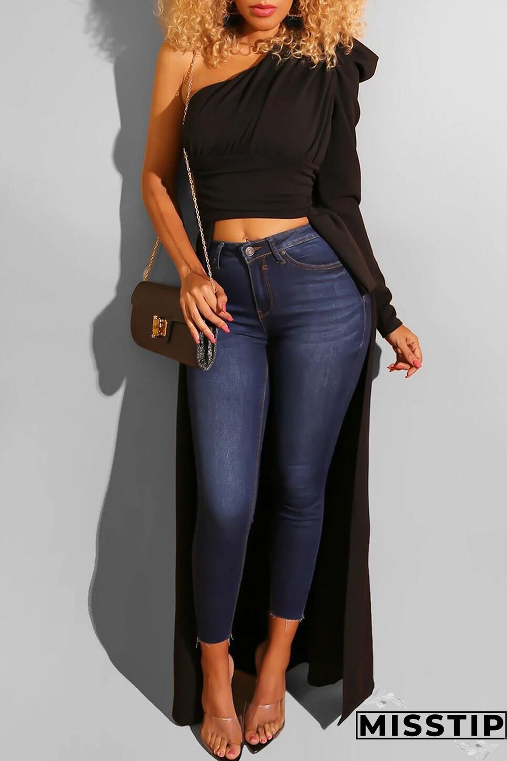 Navy Blue One Shoulder Collar Long Sleeve asymmetrical crop top Solid