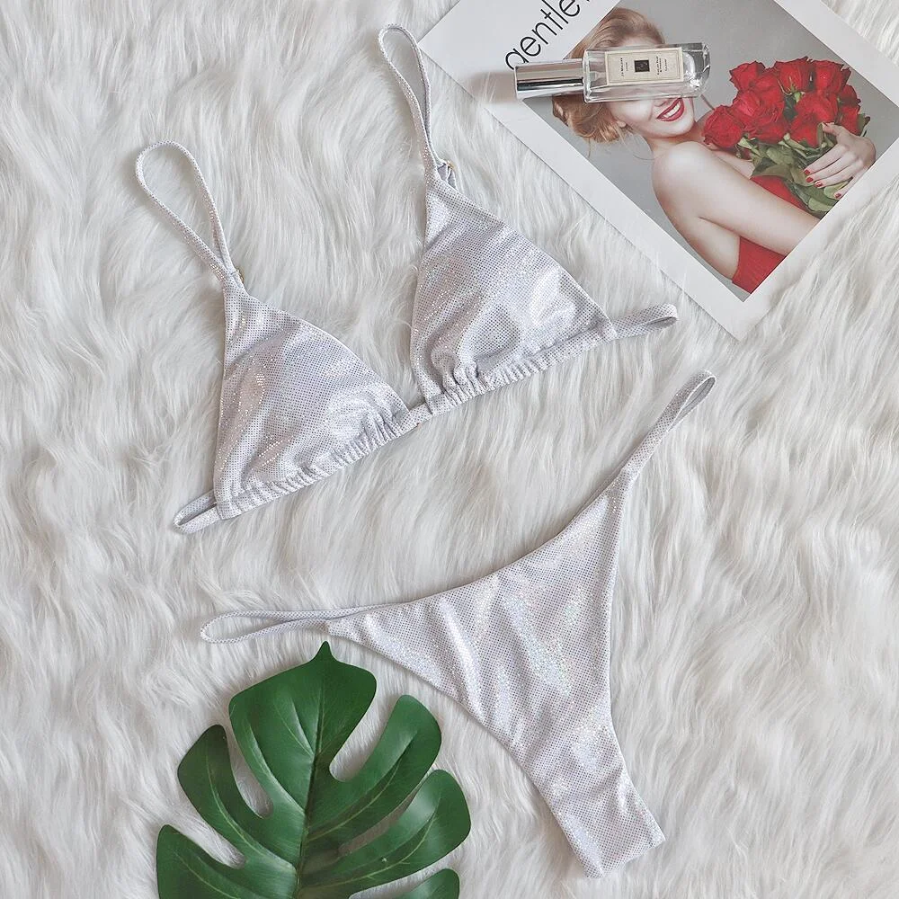 Pongl Pongl New Swimsuit Three-Point Thong Bikini Sexy Shiny Hot Silver Crystal Diamond Swimsuit