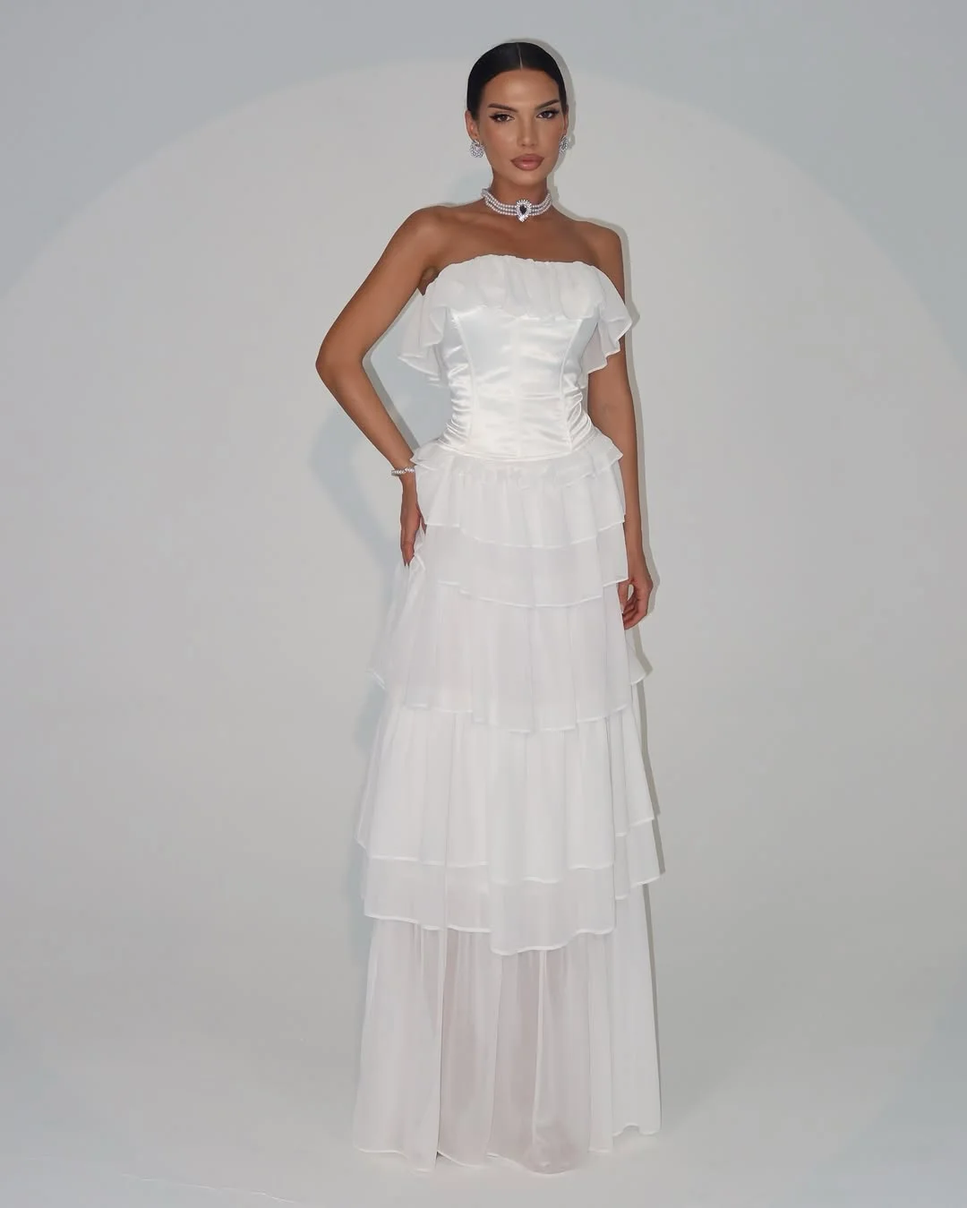 Minimalist White Straight Across Ruffles Sleeveless Prom Dress YK0244