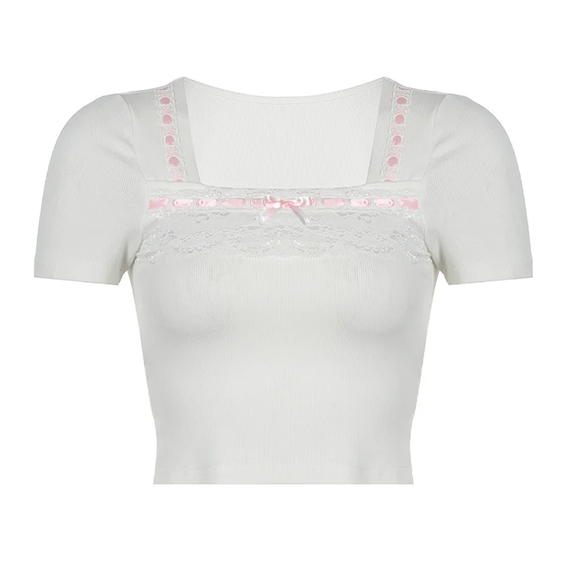 Ueong And Lively Girl Series Square Collar Wearing Lace Lace Spliced White Short-Sleeved T-Shirt 2024 New Style In Early Spring