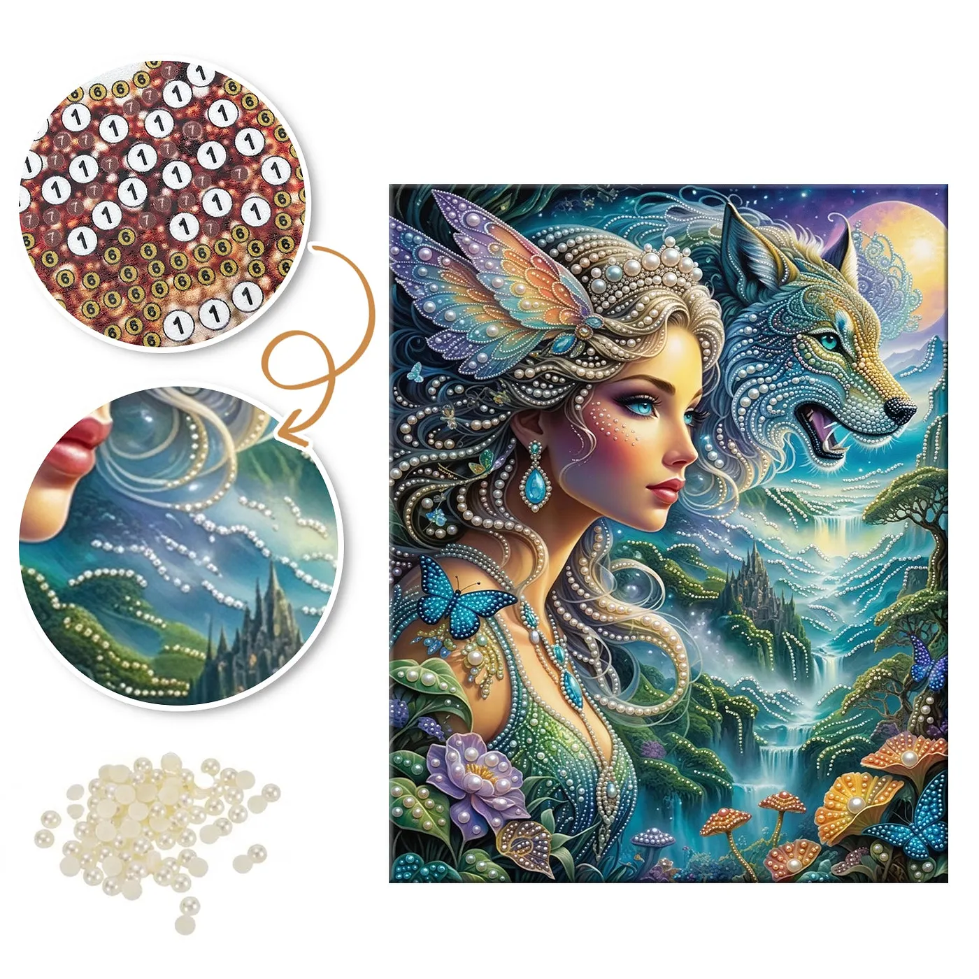Fantasy Woman with Blue Wolf - Pearls Painting